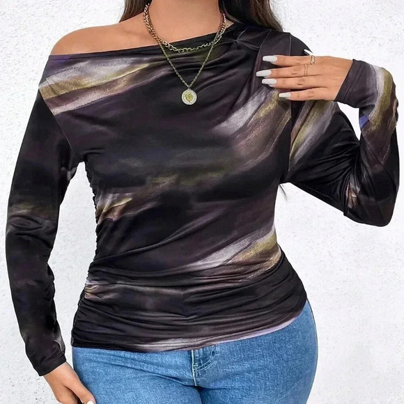multicolor Casual Women's Plus Size Tie Dye Asymmetrical neck Shirt - Picture 6 of 6